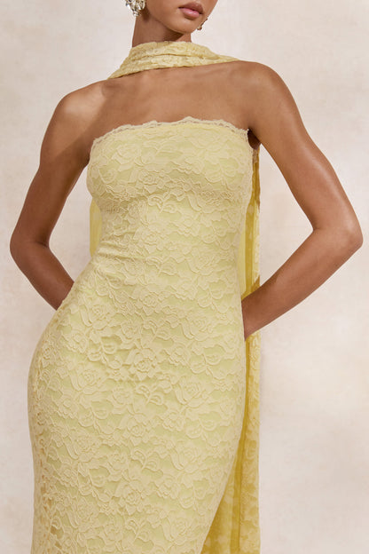 Massima | Lemon Lace Bandeau Maxi Dress With Scarf-Detail