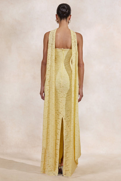 Massima | Lemon Lace Bandeau Maxi Dress With Scarf-Detail