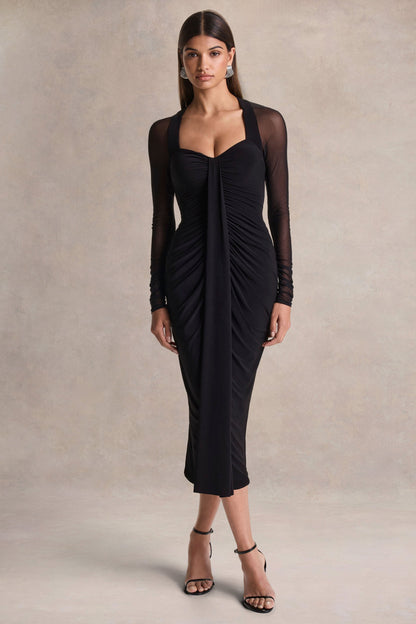 Rosetta | Black Sweetheart-Neck Midi Dress With Sheer-Sleeves