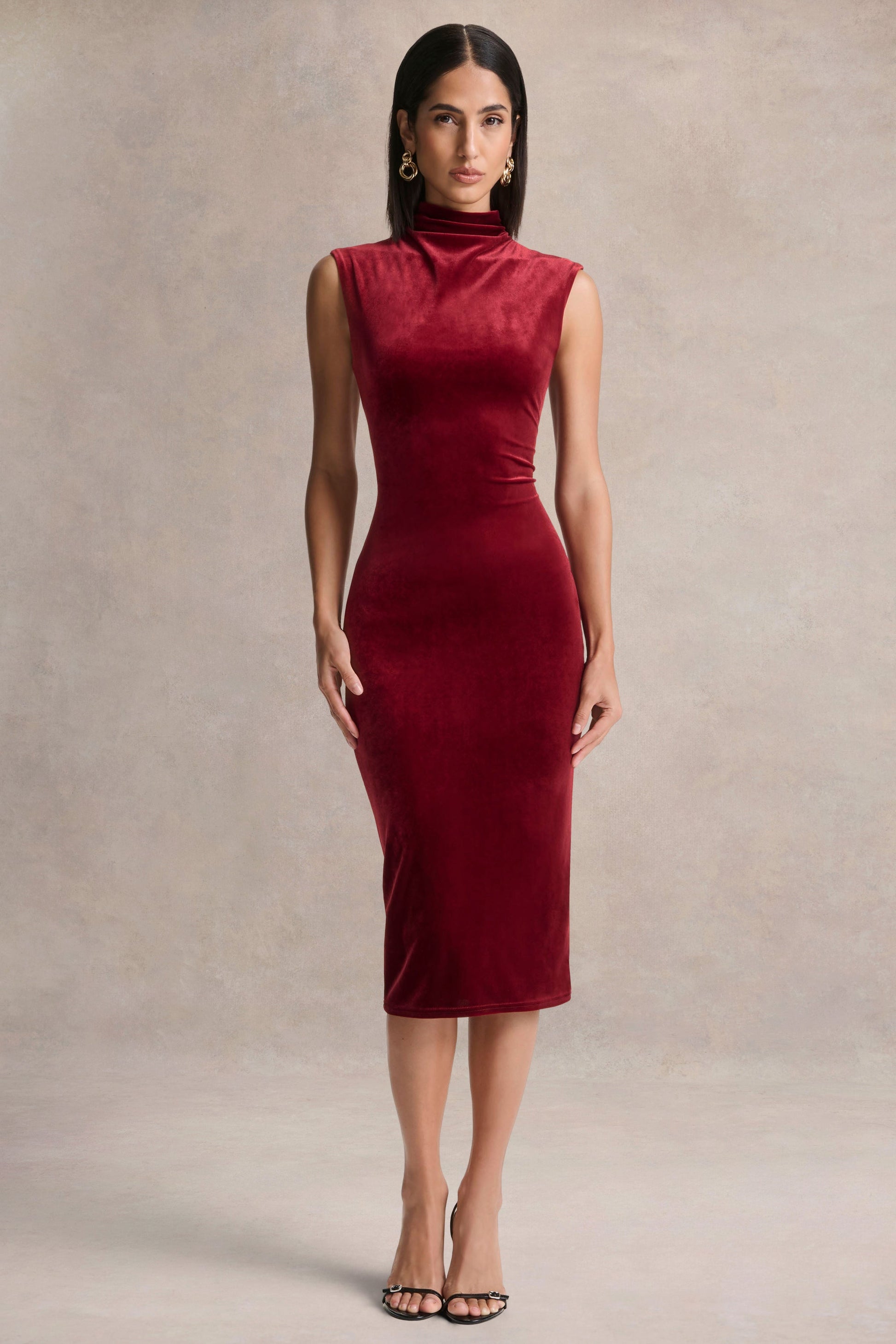 Nivina | Red Velvet High-Neck Midi Dress With Cap-Sleeves