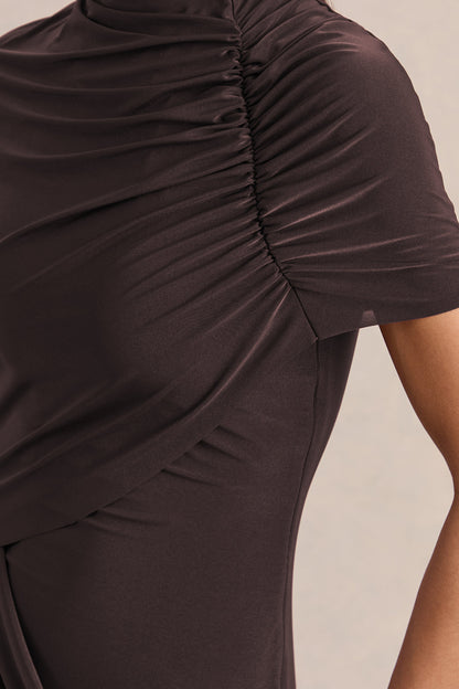 Lunaline | Brown High-Neck Maxi Dress With Asymmetric Cape And Draped-Detailing