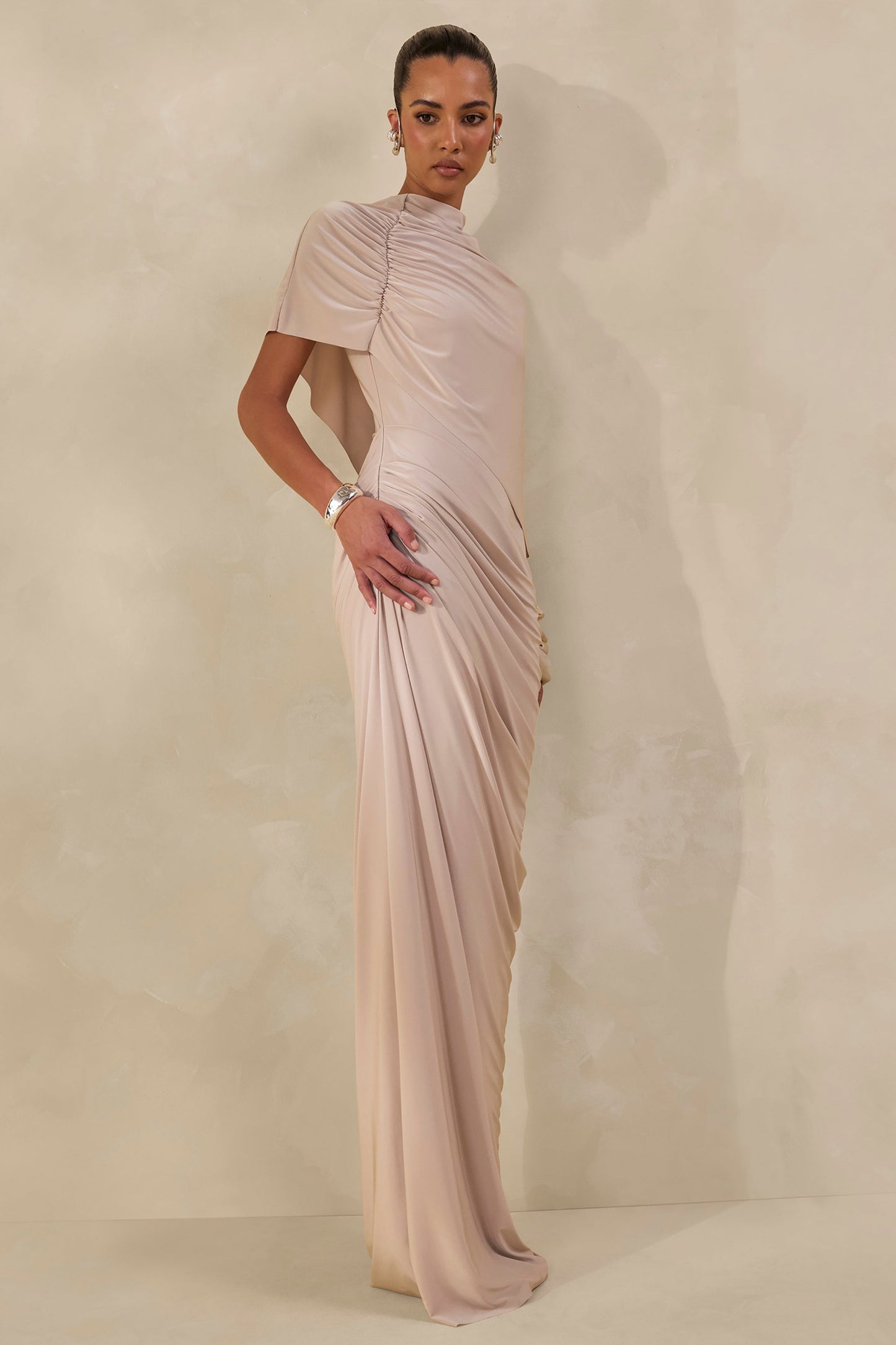 Lunaline | Champagne High-Neck Maxi Dress With Asymmetric Cape And Draped-Detailing
