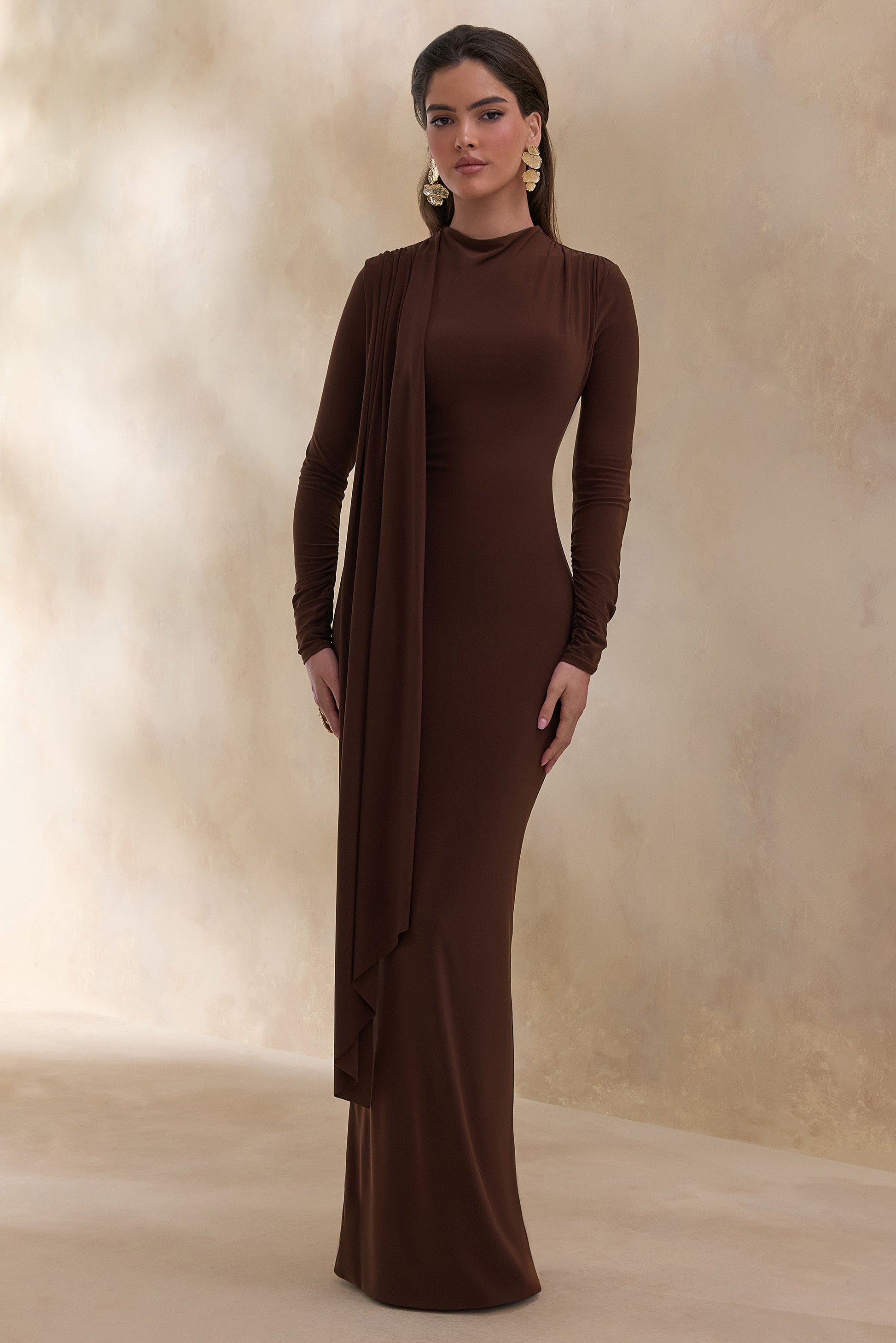 Amaria | Brown High-Neck Maxi Dress With Sash-Detail