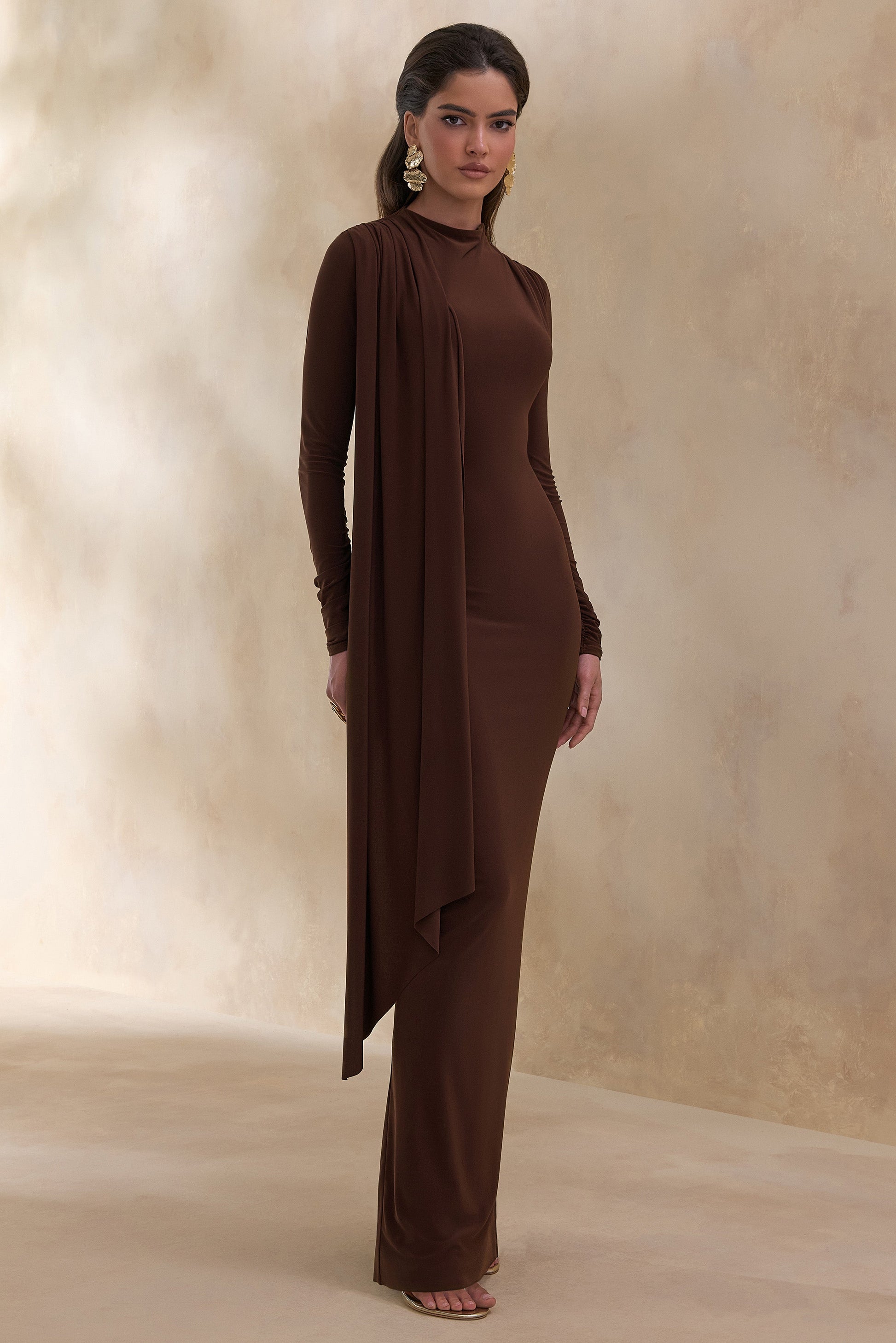 Amaria | Brown High-Neck Maxi Dress With Sash-Detail