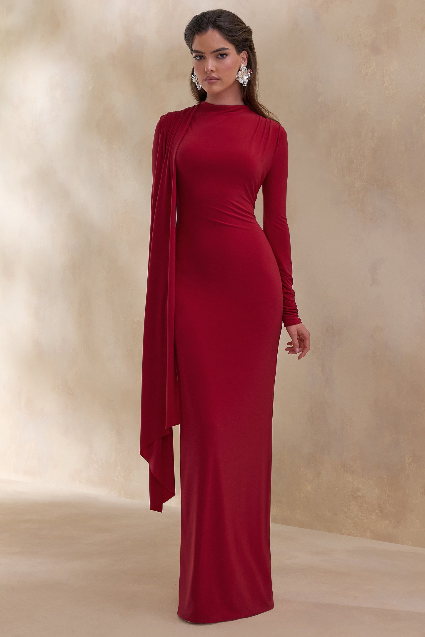Amaria | Red High-Neck Maxi Dress With Sash-Detail