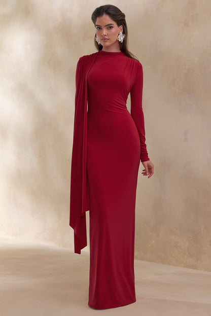 Amaria | Red High-Neck Maxi Dress With Sash-Detail