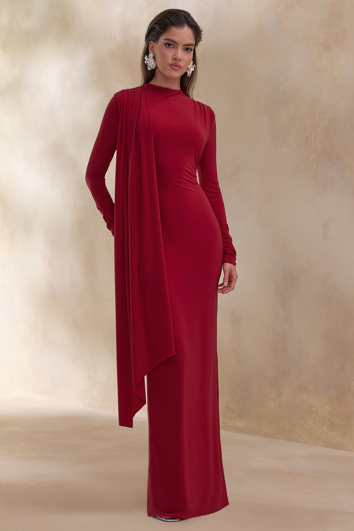 Amaria | Red High-Neck Maxi Dress With Sash-Detail