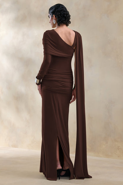 Trisara | Brown Asymmetric-Neck Maxi Dress With Gathered-Detailing And Sash