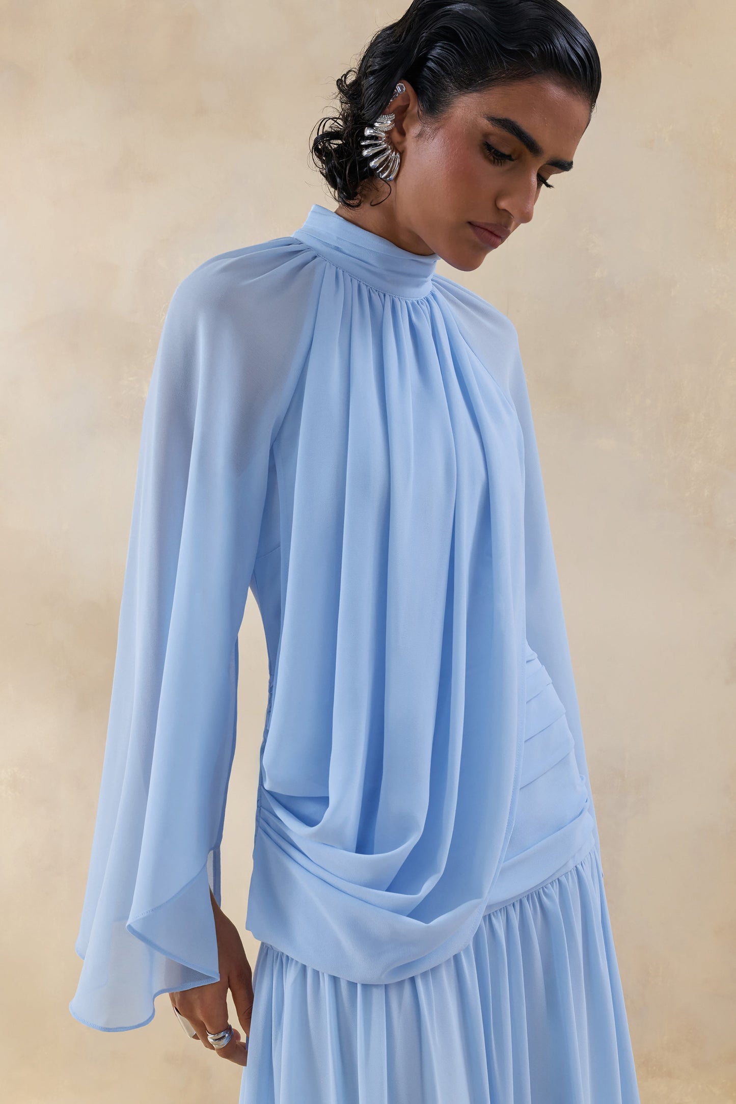 Narella | Blue Chiffon High-Neck Maxi Dress With Draped-Detailing