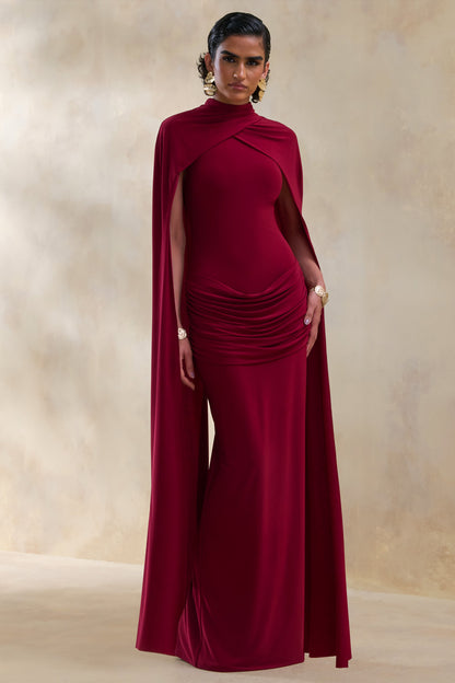 Dianelle | Berry High-Neck Maxi Dress With Cape-Sleeves