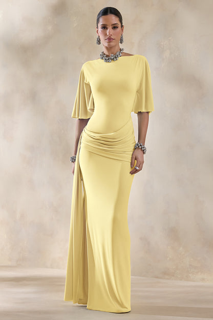 Emerelle | Lemon Wide-Neck Maxi Dress With Sash And Draped-Detailing
