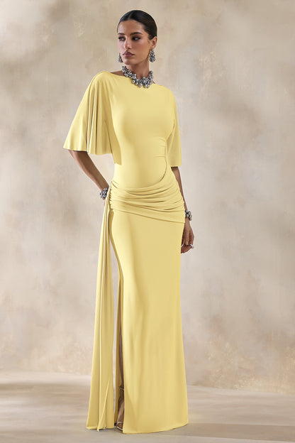 Emerelle | Lemon Wide-Neck Maxi Dress With Sash And Draped-Detailing