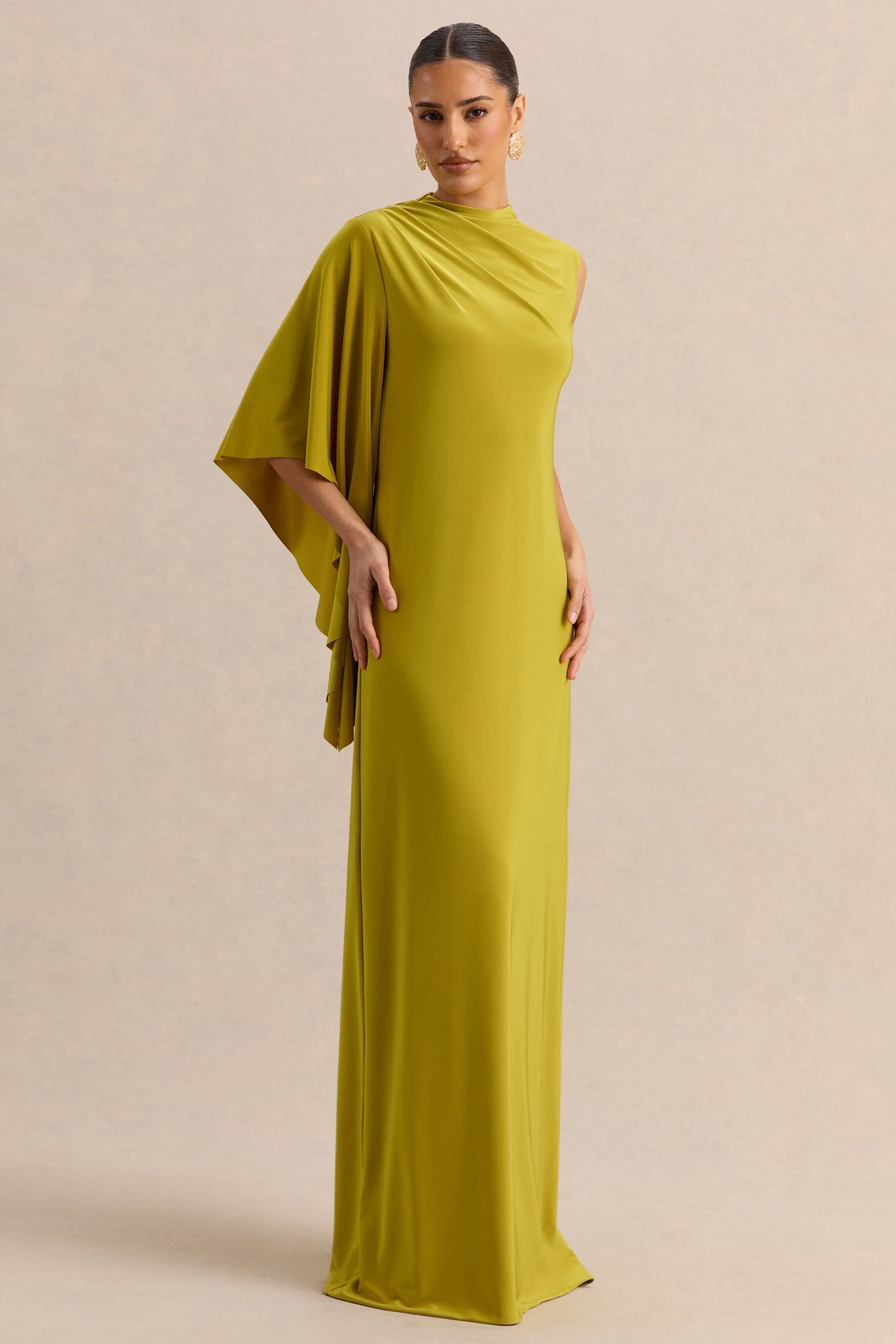 Marosia | Olive High-Neck Maxi Dress With Cape Sleeve