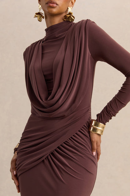 Karinthia | Brown High-Neck Maxi Dress With Draped-Detailing