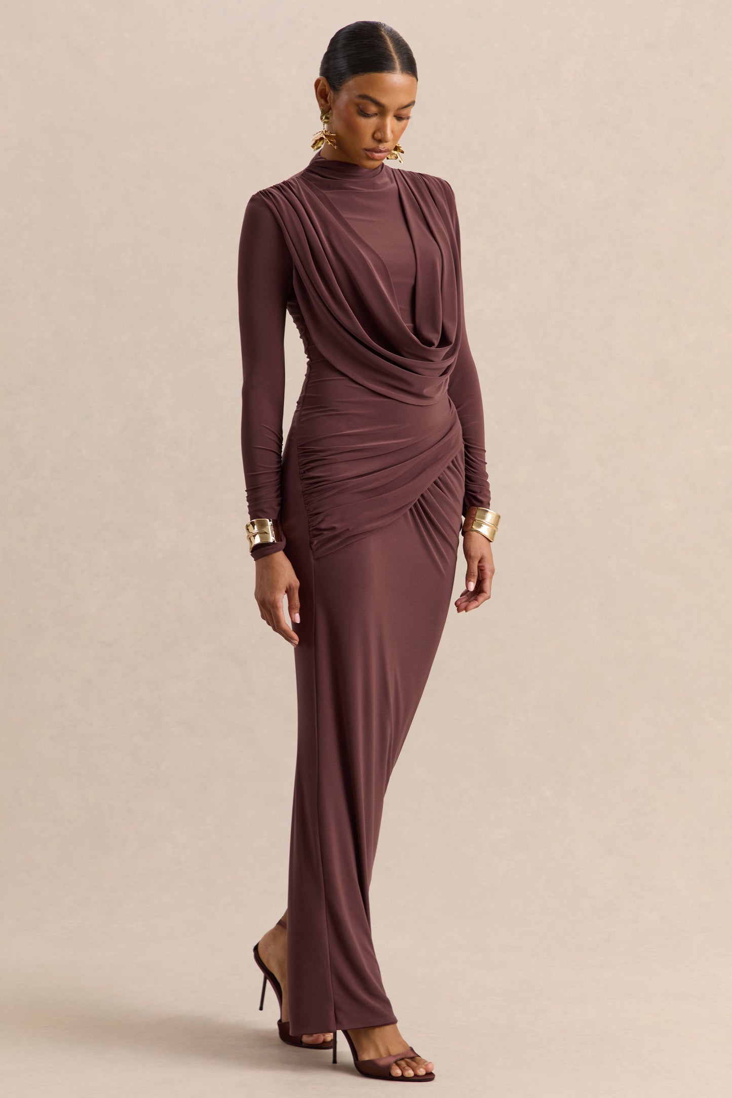 Karinthia | Brown High-Neck Maxi Dress With Draped-Detailing