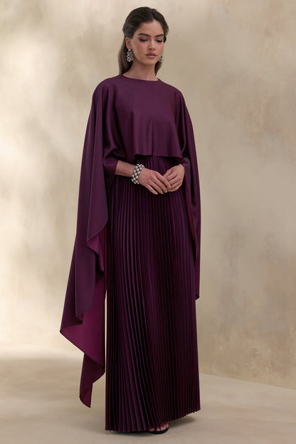 Loradia | Dark Plum Satin Round-Neck Maxi Dress With Cape-Sleeves And Pleated-Skirt
