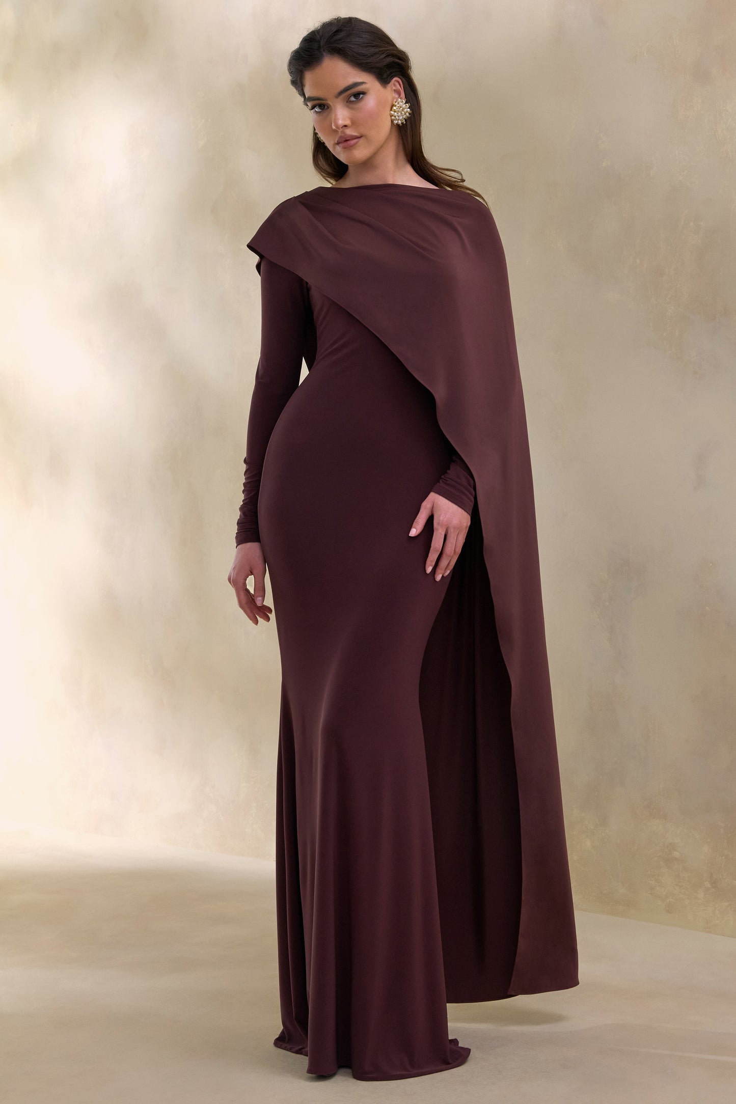 Salenne | Brown Wide-Neck Maxi Dress With Satin Asymmetric-Cape