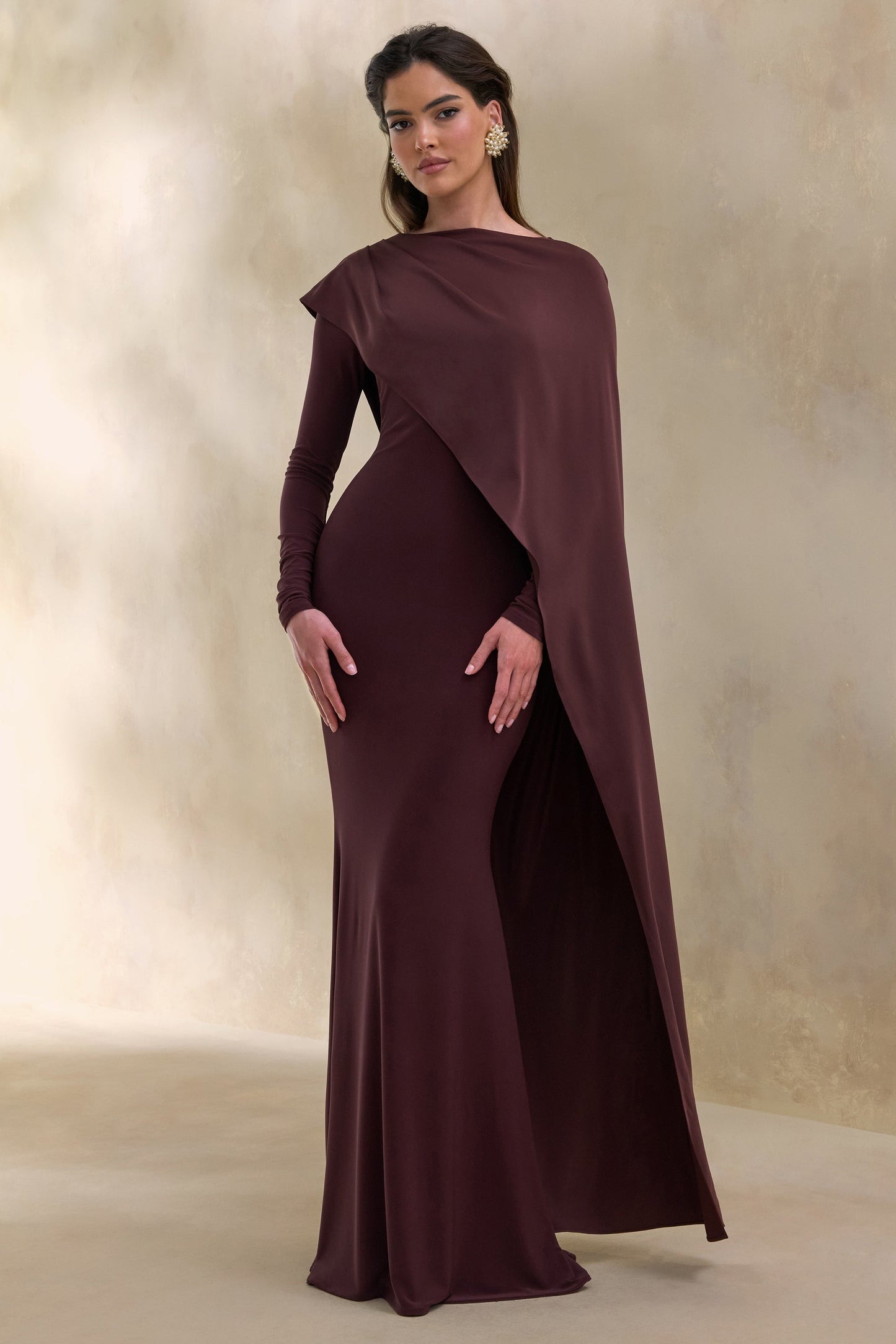 Salenne | Brown Wide-Neck Maxi Dress With Satin Asymmetric-Cape
