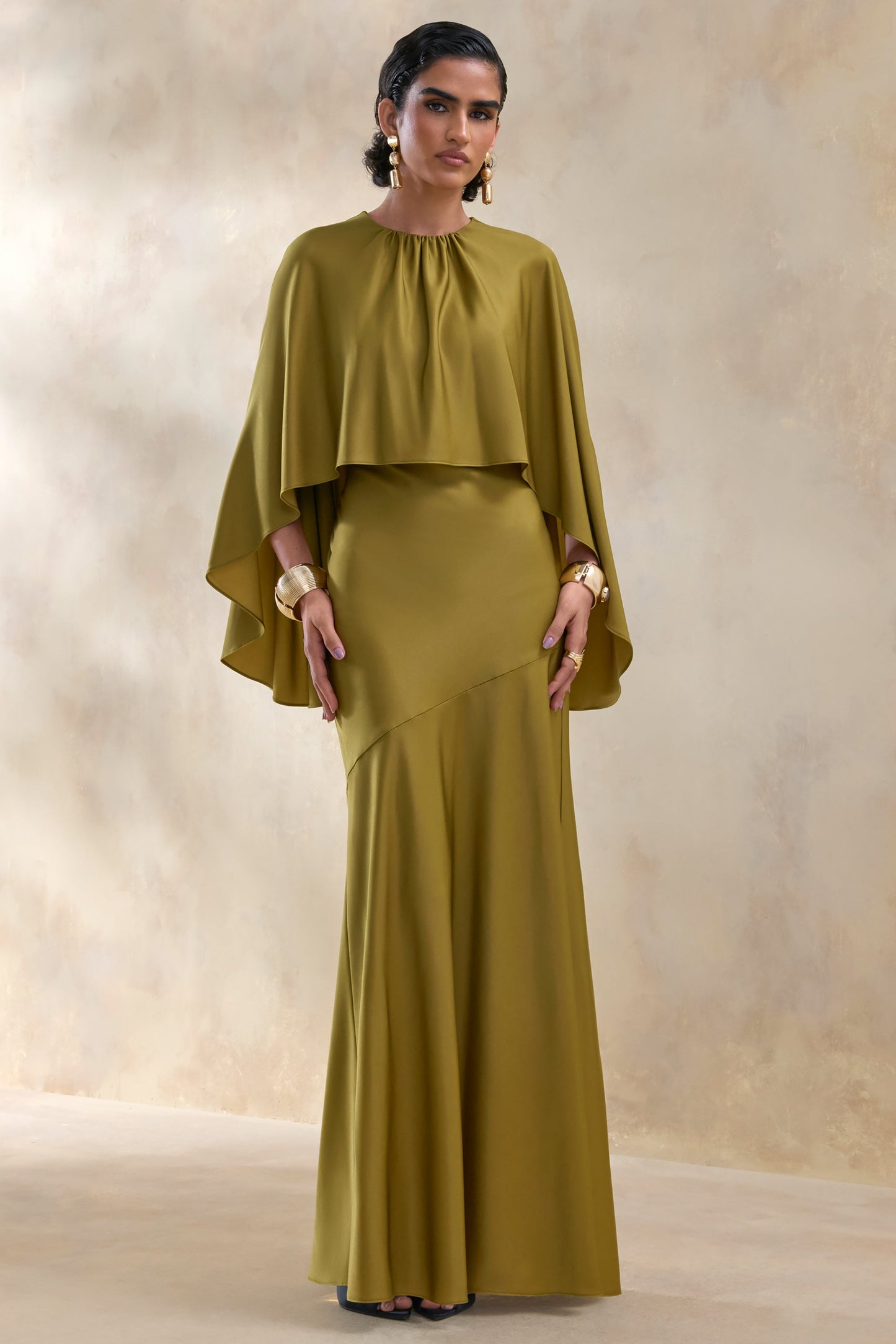 Vanthea | Olive Satin Round-Neck Maxi Dress With Cape-Sleeves