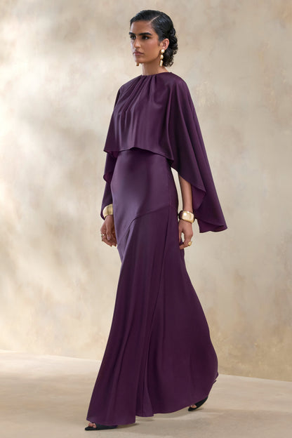 Vanthea | Dark Plum Satin Round-Neck Maxi Dress With Cape-Sleeves