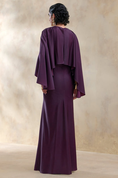 Vanthea | Dark Plum Satin Round-Neck Maxi Dress With Cape-Sleeves