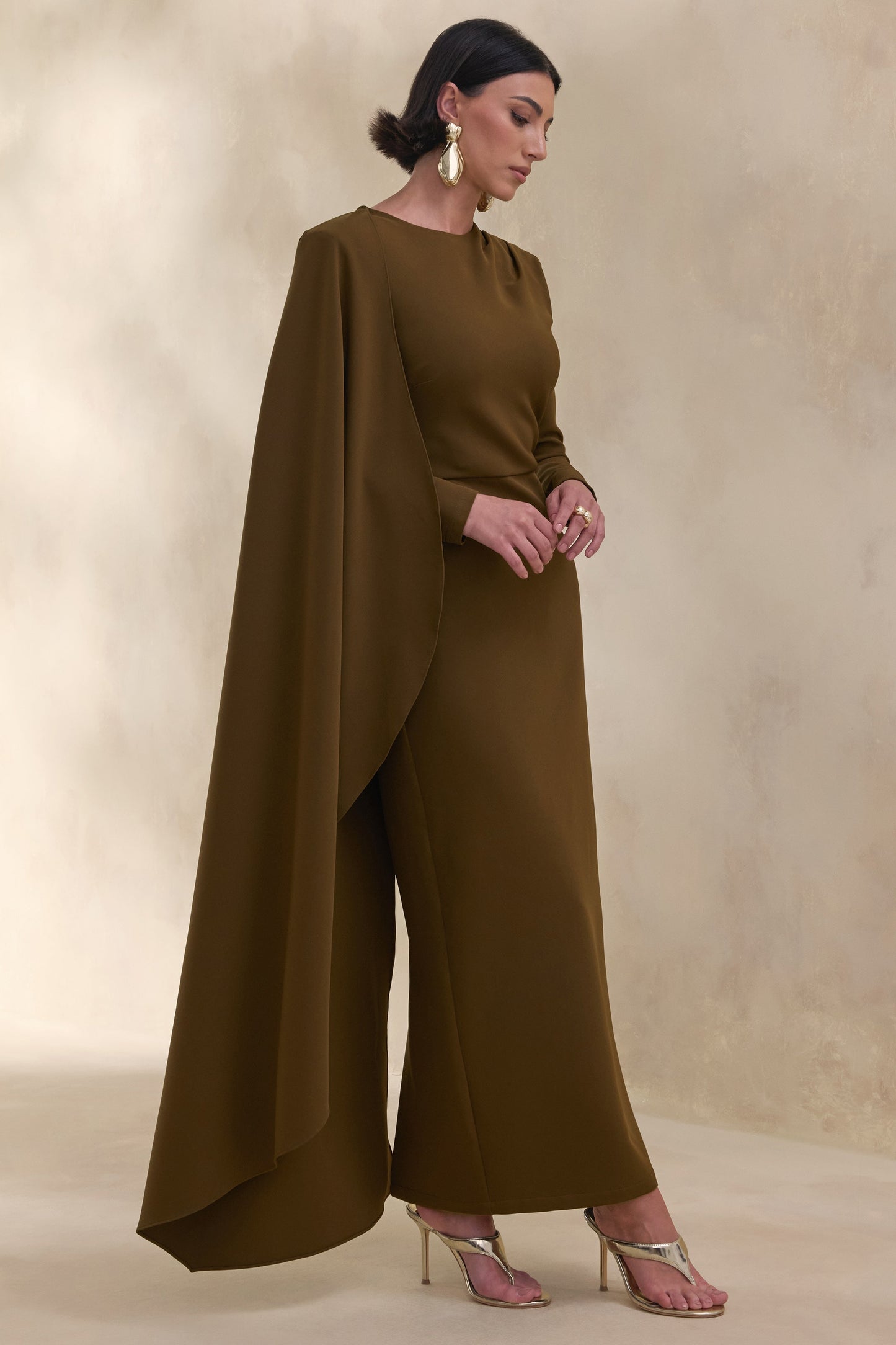 Jovea | Olive Round-Neck Maxi Dress With Cape-Sleeve