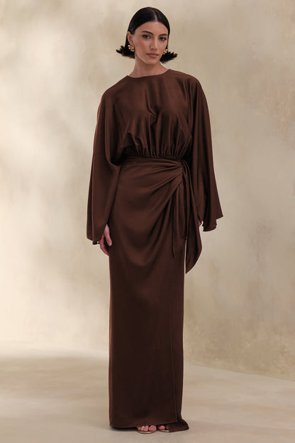Delphina | Brown Satin Maxi Dress With Gathered And Knot-Detail