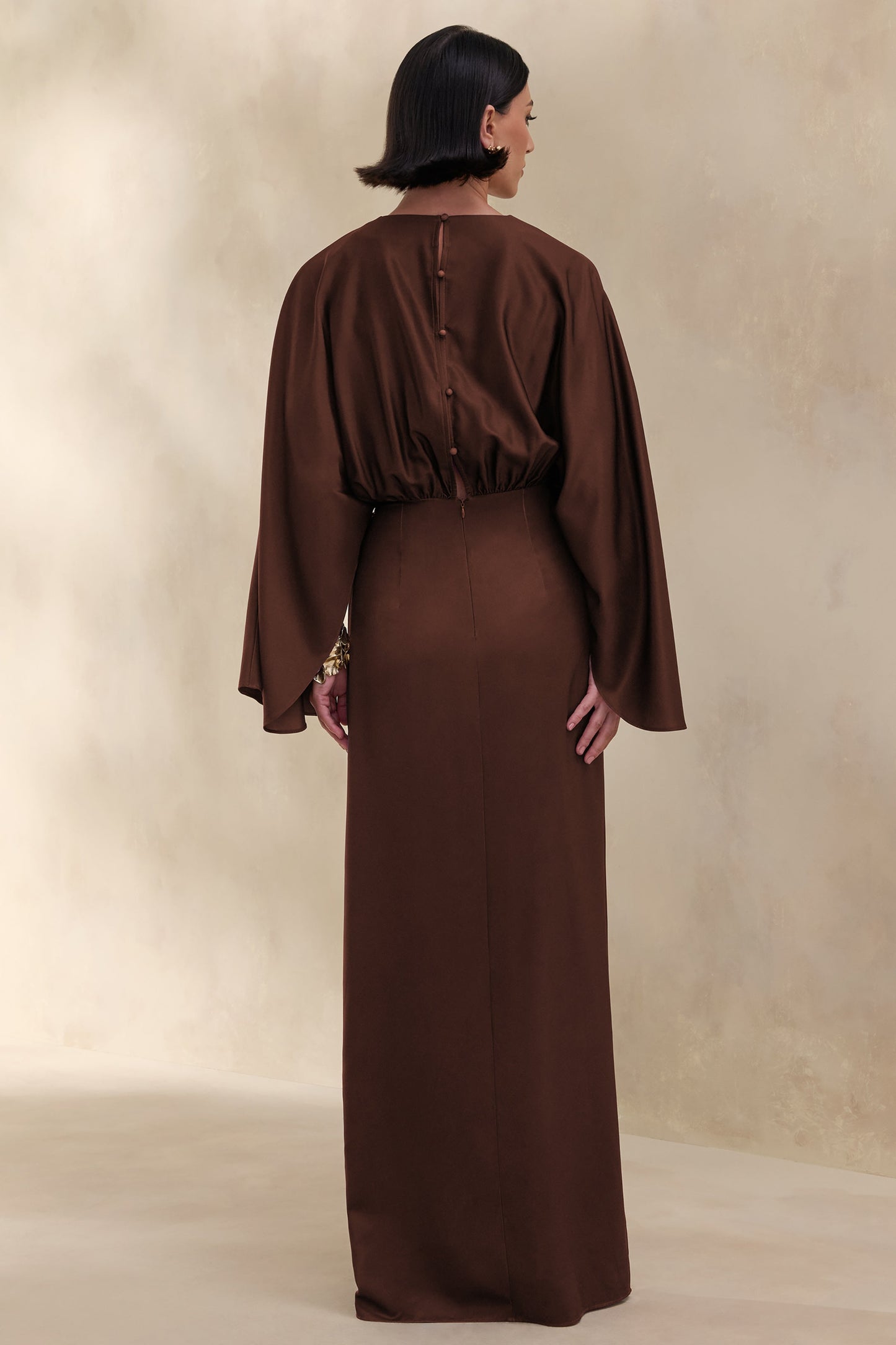 Delphina | Brown Satin Maxi Dress With Gathered And Knot-Detail