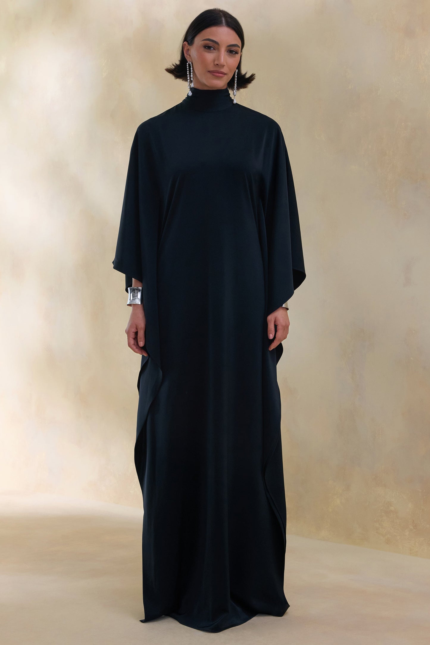 Lumisette | Black Satin High-Neck Maxi Dress With Cape