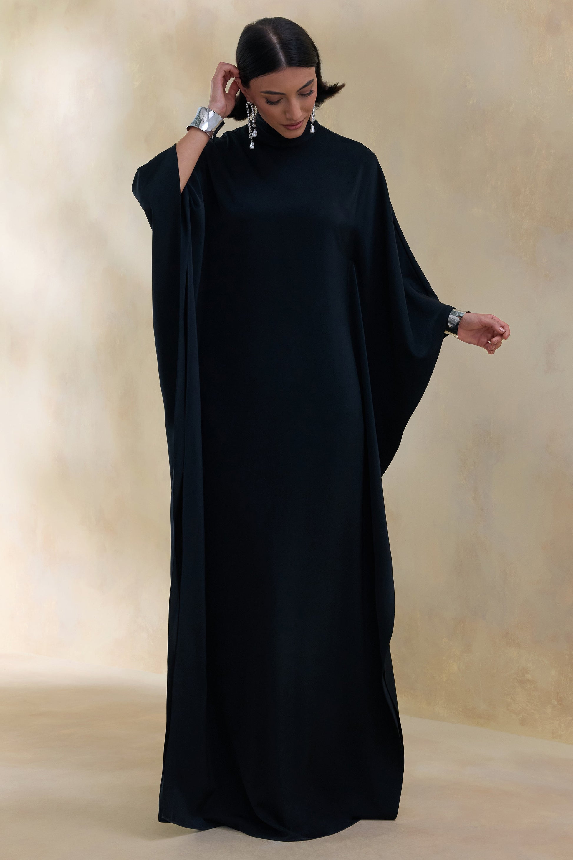 Lumisette | Black Satin High-Neck Maxi Dress With Cape
