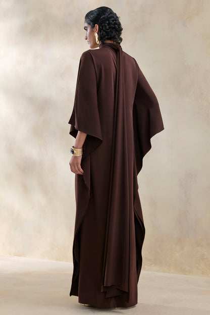 Lumisette | Brown Satin High-Neck Maxi Dress With Cape