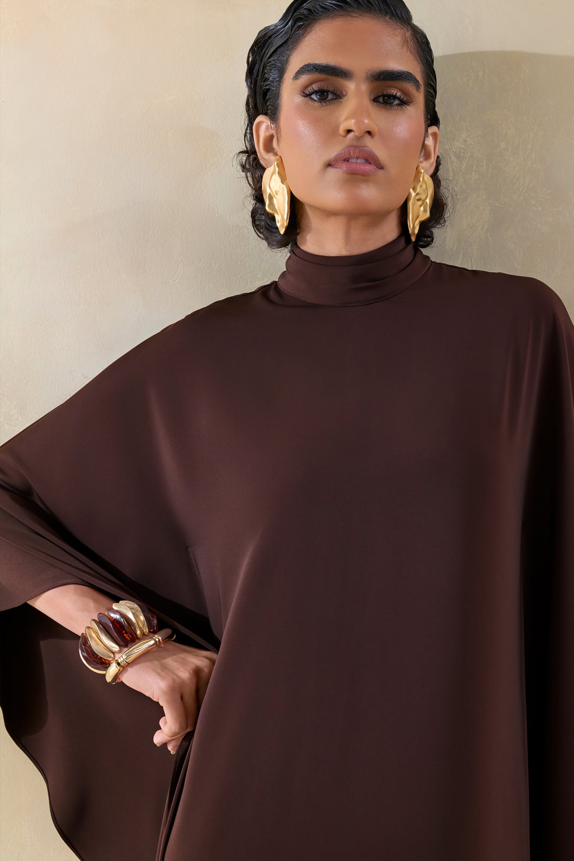 Lumisette | Brown Satin High-Neck Maxi Dress With Cape