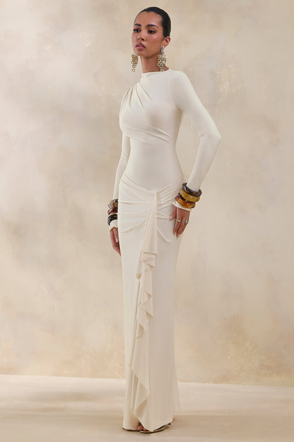 Karessa | Cream High-Neck Maxi Dress With Gathered Detailing And Front-High Split