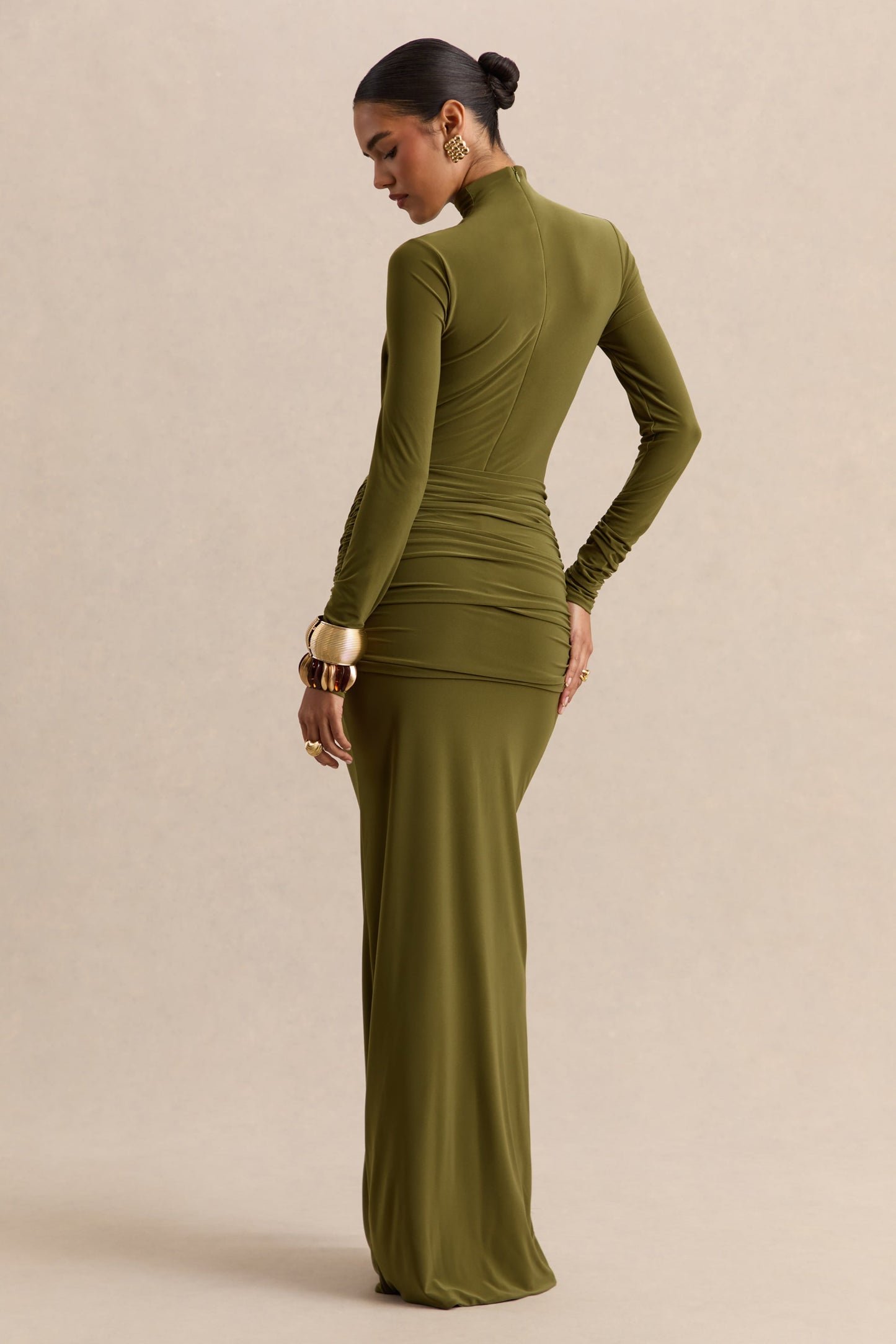 Ambrette | Olive High-Neck Maxi Dress With Gathered-Detailing