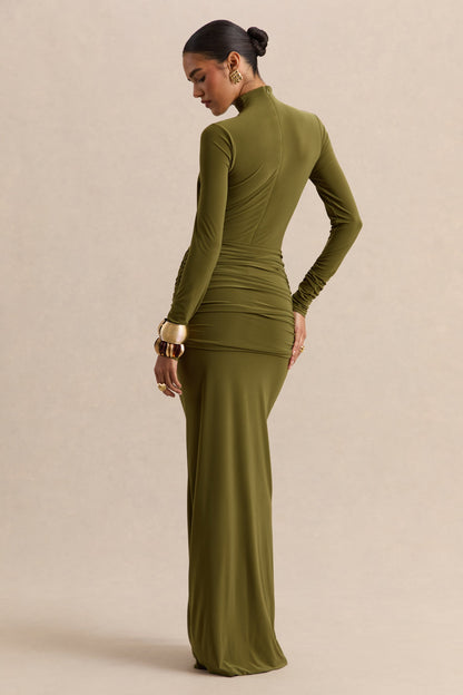 Ambrette | Olive High-Neck Maxi Dress With Gathered-Detailing