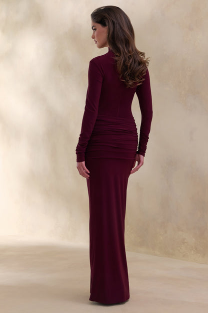 Ambrette | Dark Plum High-Neck Maxi Dress With Gathered-Detailing