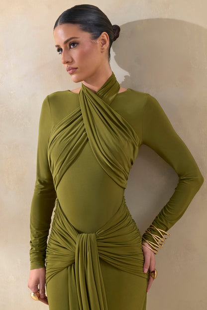 Linessa | Olive High-Neck Maxi Dress With Sash And Gathered-Detailing