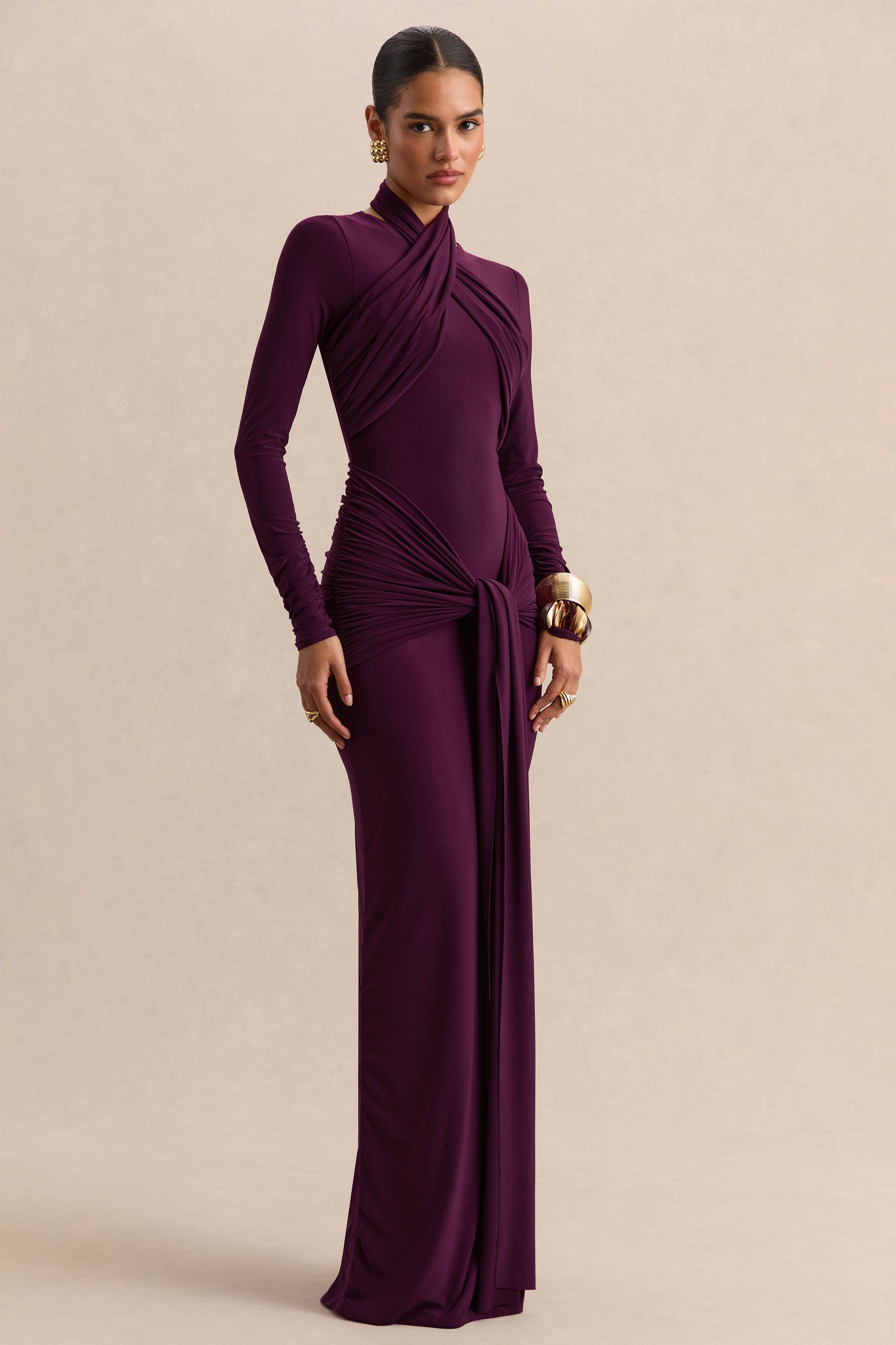 Linessa | Dark Plum High-Neck Maxi Dress With Sash And Gathered-Detailing