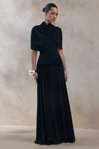 Evelisse | Black High-Neck Maxi Dress With Short-Cape Sleeves