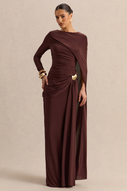 Orintha | Brown Slashed-Neck Maxi Dress With Cape And Gold-Detail