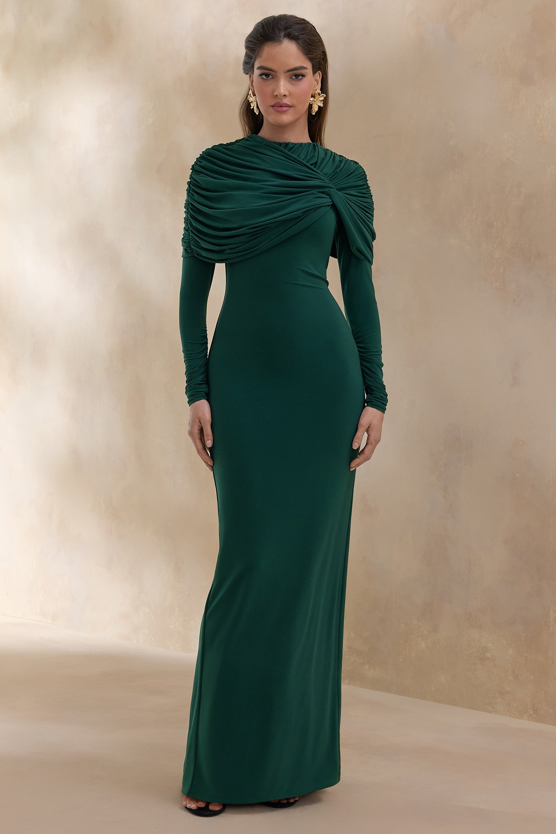 Evessa | Dark Green High-Neck Maxi Dress With Gathered-Detailing