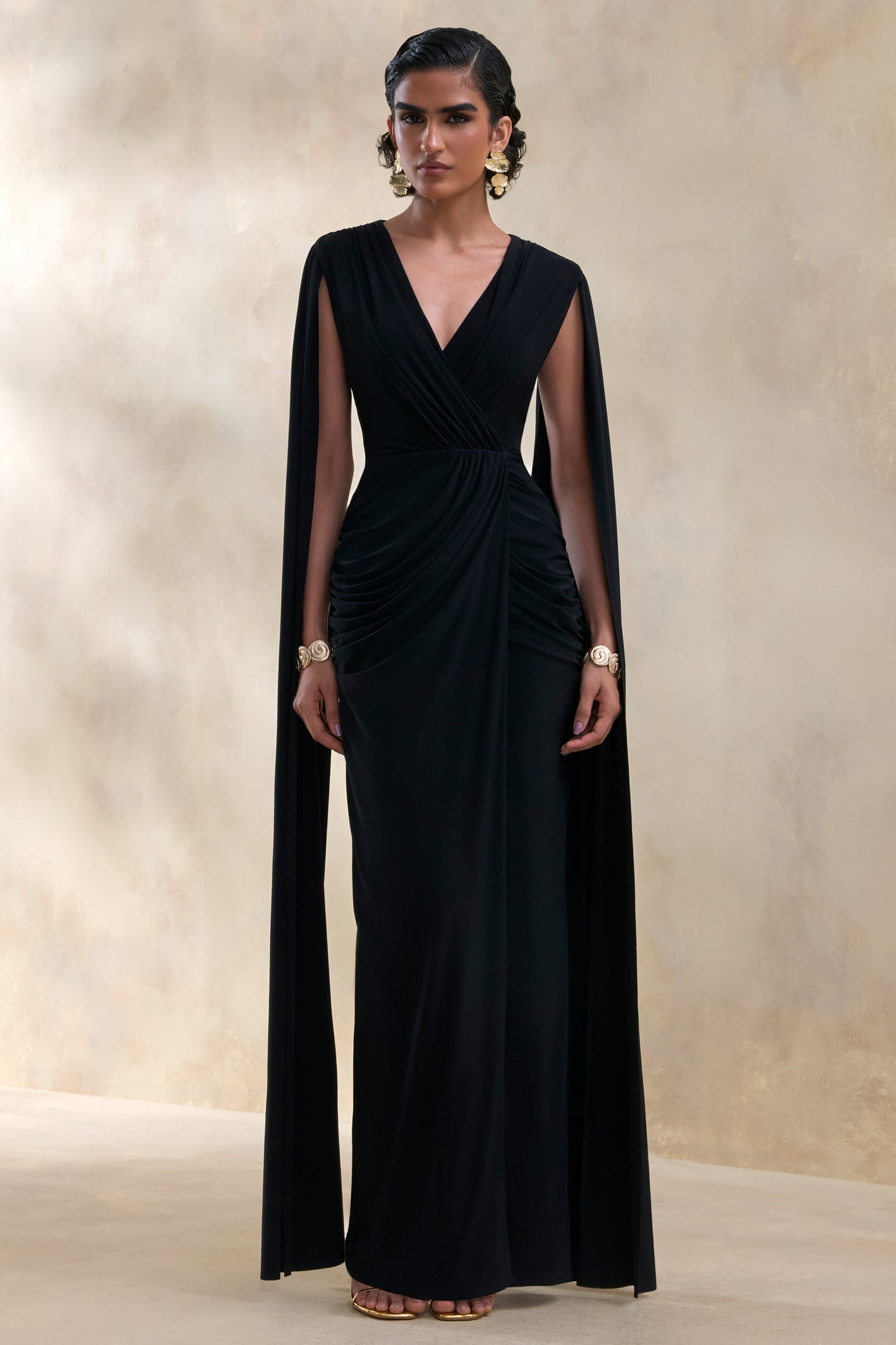 Ulissia | Black V-Neck Maxi Dress With Cape-Sleeves