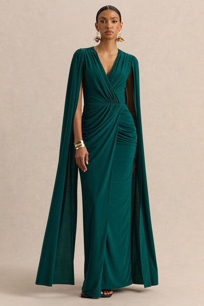 Ulissia | Bottle Green V-Neck Maxi Dress With Cape-Sleeves