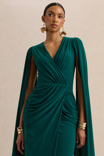 Ulissia | Bottle Green V-Neck Maxi Dress With Cape-Sleeves