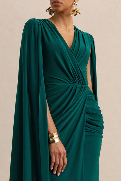 Ulissia | Bottle Green V-Neck Maxi Dress With Cape-Sleeves