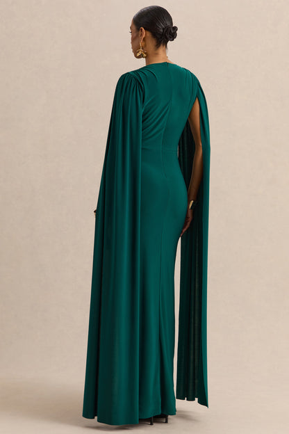 Ulissia | Bottle Green V-Neck Maxi Dress With Cape-Sleeves