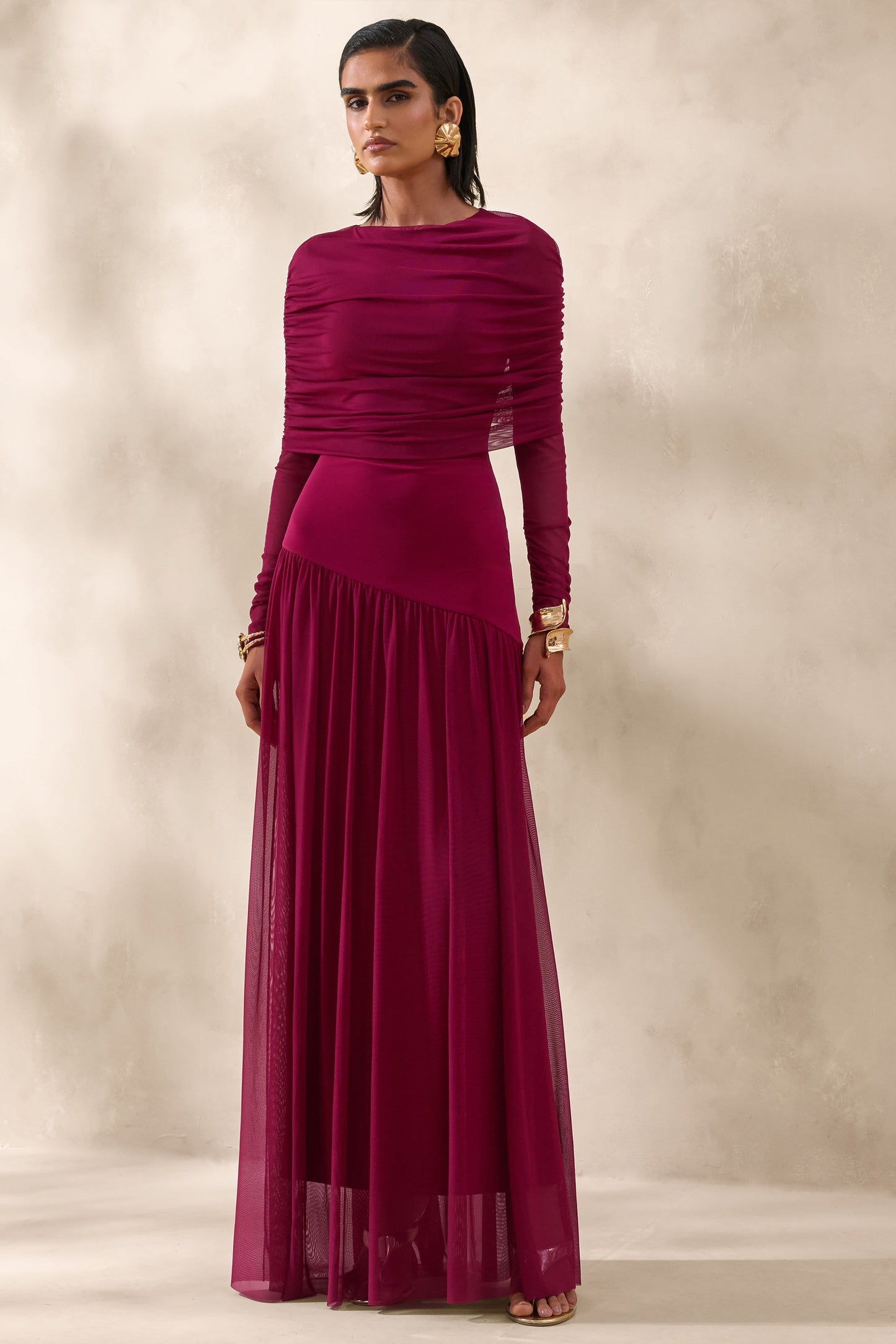 Enalia | Burgundy Mesh High-Neck Maxi Dress With Short-Cape