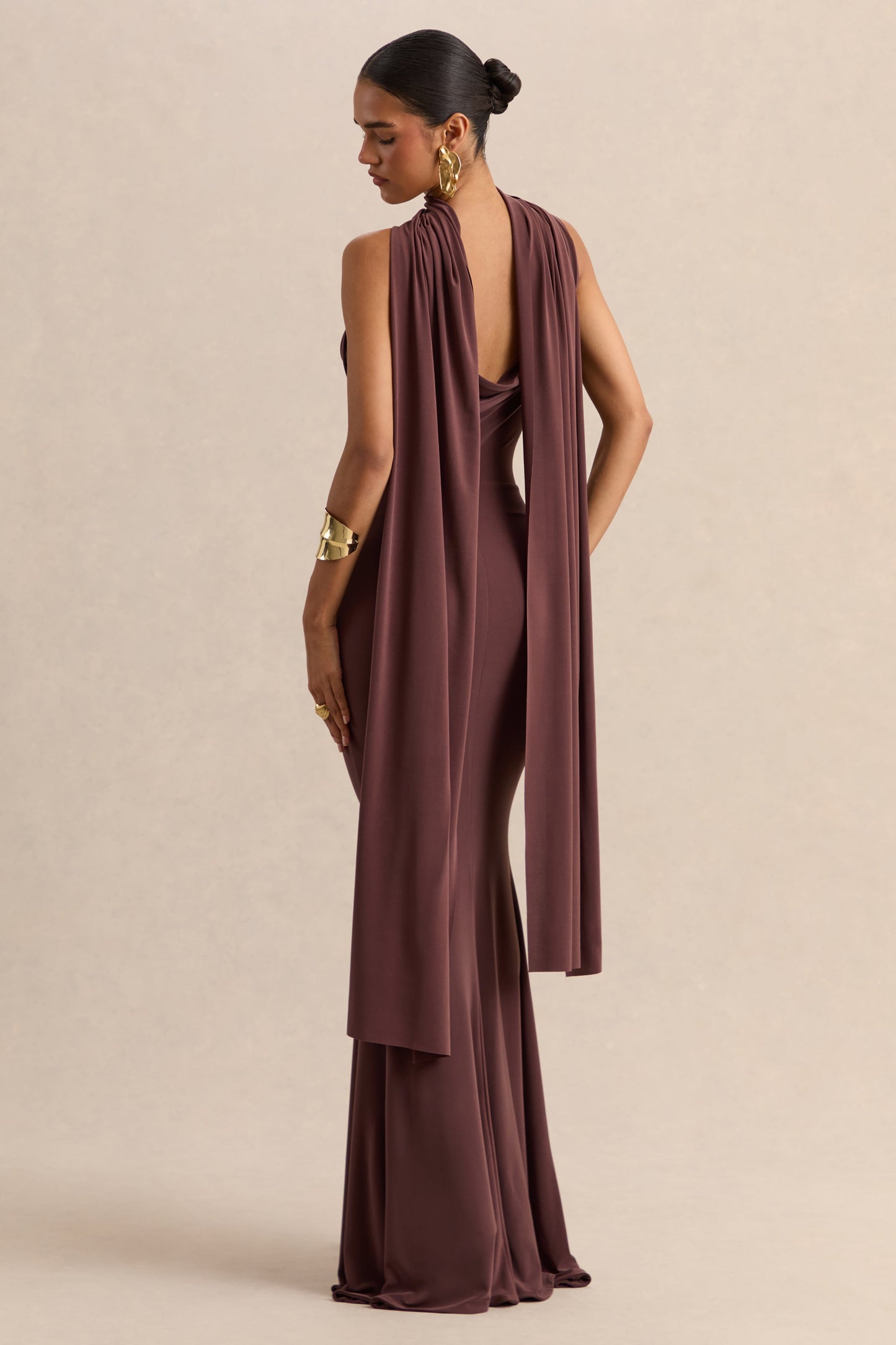 Armelia | Brown Cowl-Neck Maxi Dress With Scarf-Detail