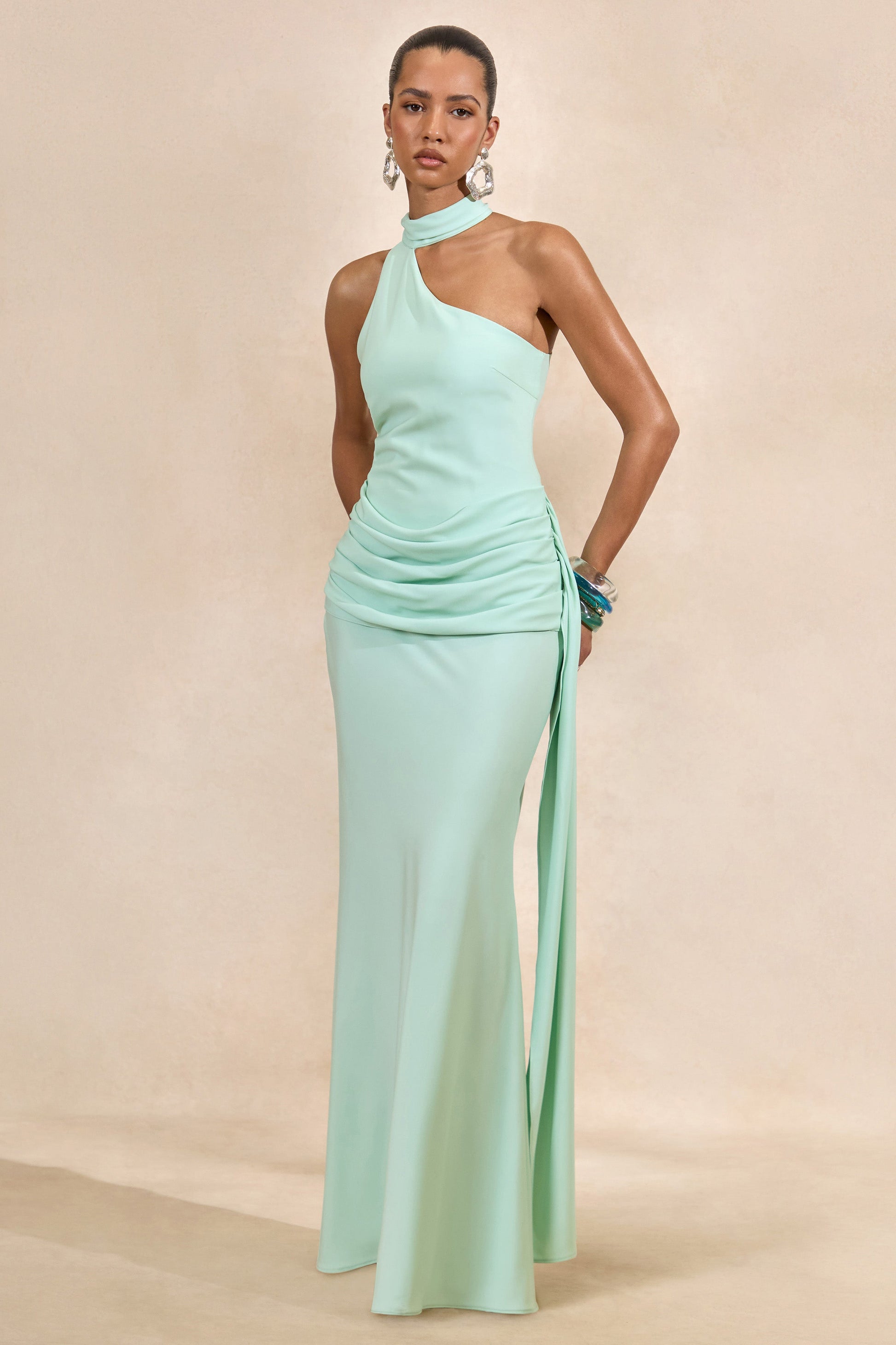 Aevina | Mint Satin Asymmetric-Neck Maxi Dress With Scarf-Detail