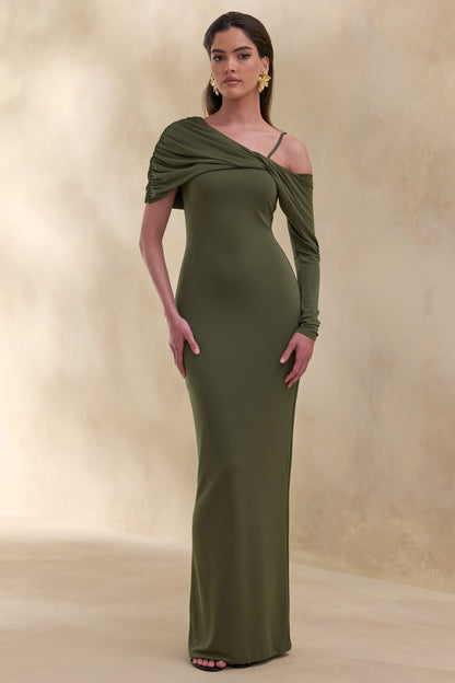 Silvaria | Olive Twisted Asymmetric-Neck Maxi Dress